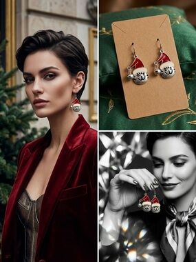 New Holiday Cat Face Santa Hat Dangle Earrings - Red and Silver